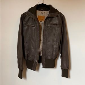 Brown sheepskin leather bomber jacket